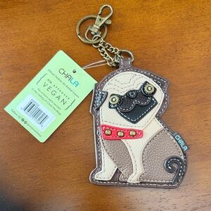 Chala Beige and Brown Pug Keychain change purse with Red Collar
